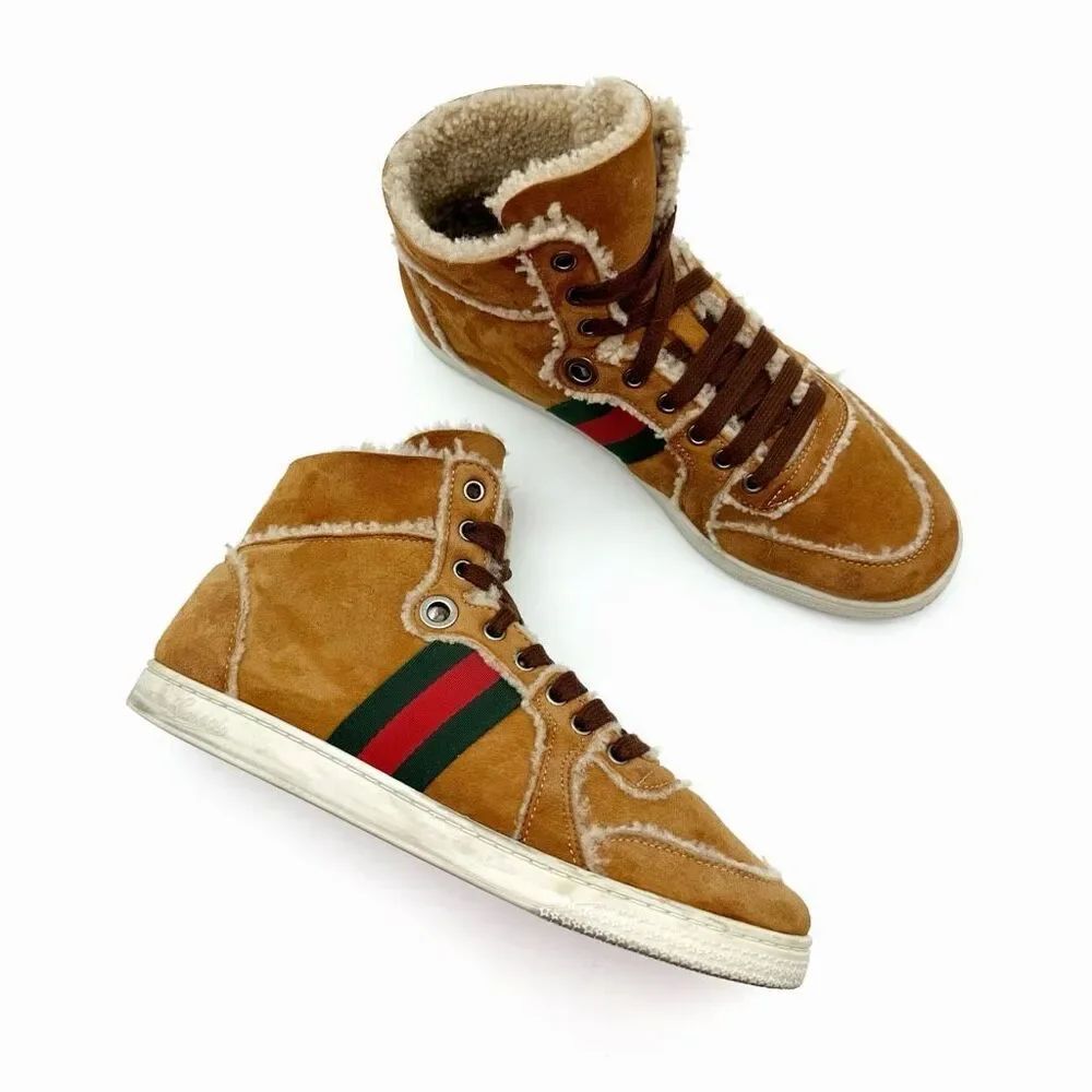 GUCCI Brown Suede Shearling Ace Sneakers Size 39 US 8.5 High Top Web Stripe Fur